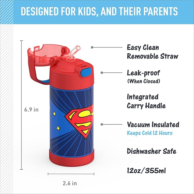 THERMOS FUNTAINER Water Bottle with Straw - 12 Ounce - Kids Stainless Steel Vacuum Insulated Water Bottle with Lid, Superman