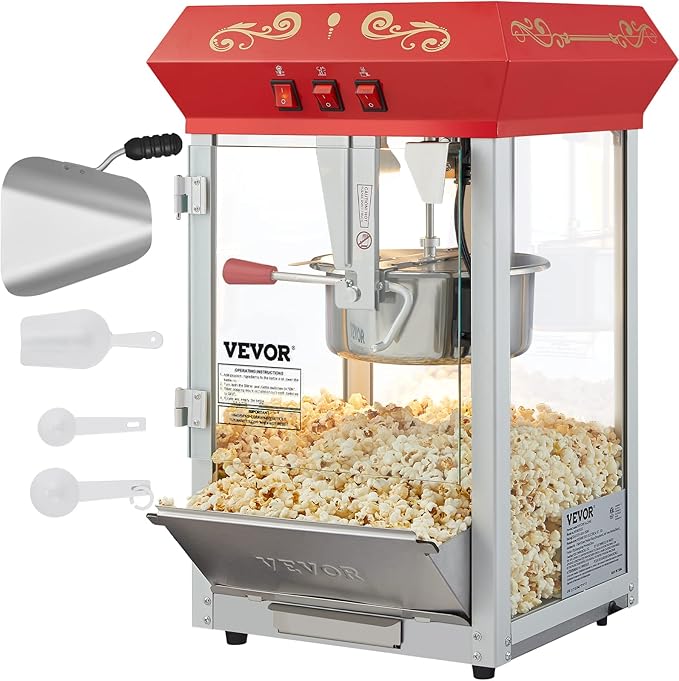 VEVOR Commercial Popcorn Machine, 12 Oz Kettle, 1440 W Countertop Popcorn Maker for 80 Cups per Batch, Theater Style Popper with 3-Switch Control Steel Frame Tempered Glass Doors 1 Scoop 2 Spoons, Red