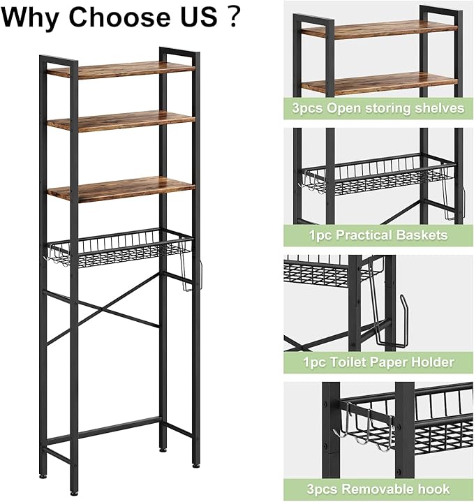 Over-The-Toilet Storage Rack, 4-Tier Bathroom Organizer Shelf Over Toilet with Adjustable Shelf and Basket, Freestanding Space Saver Bathroom Shelves Above Toilet for Room (Vintage Brown)