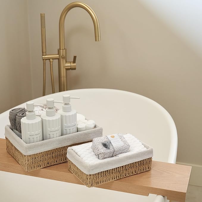Beautiful Toilet Paper Storage Basket Set of 2 – Decorative Wicker Bathroom Organizer for Toilet Tank Trays - Quality Holder Bin for Shelves Fits Perfectly with Any Bathroom Decor