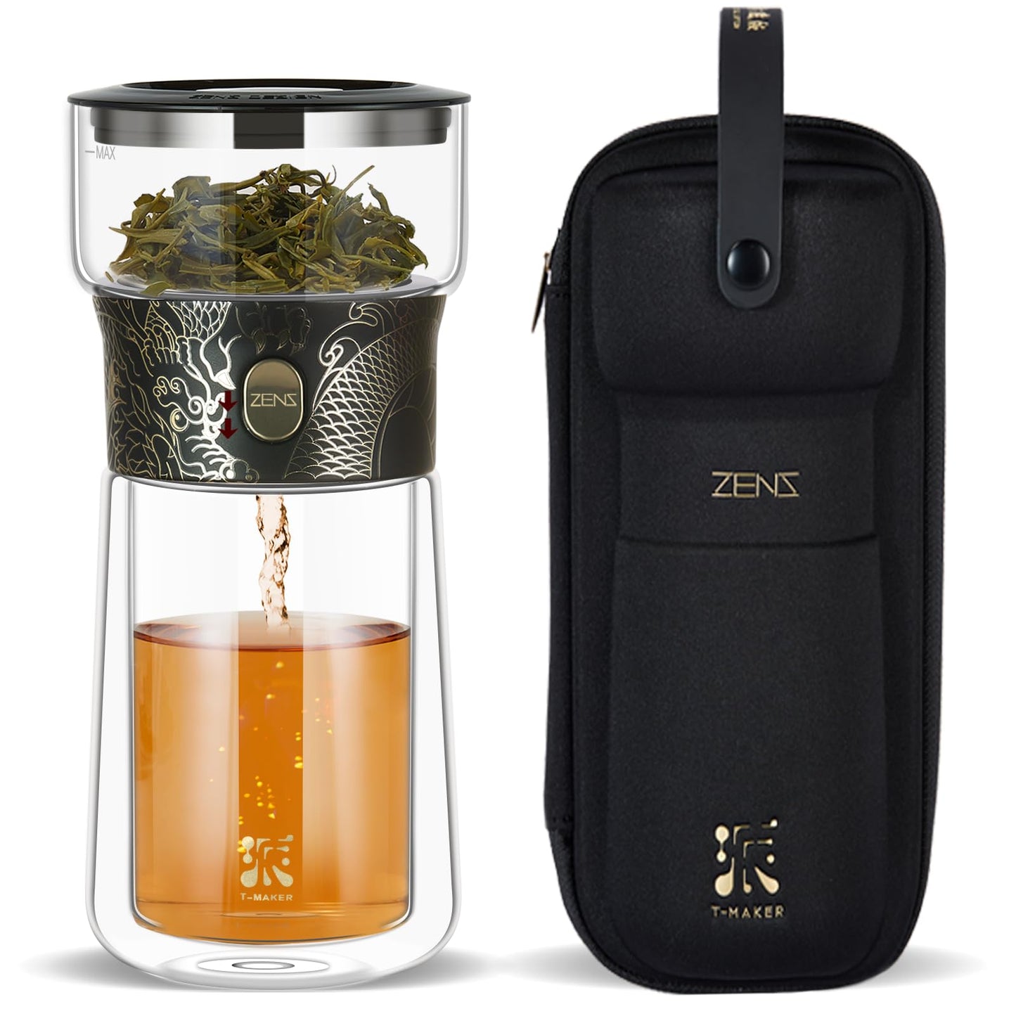 ZENS Glass Tea Infuser Pot, Modern One Touch Tea Maker for Tea Steeping