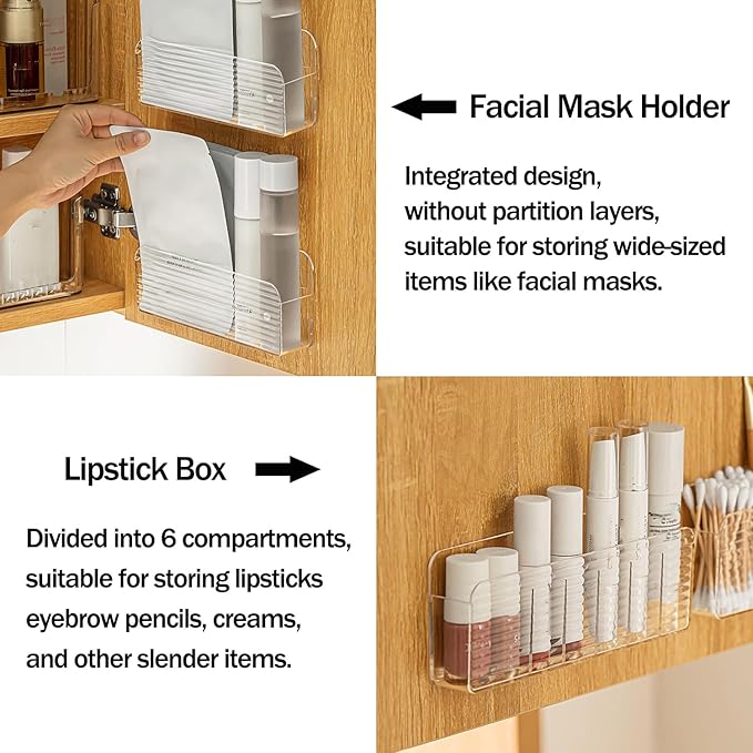 MORNITE Bathroom Medicine Cabinet Organizer Set, Small Narrow Compact Shelves Holder Compartments for Lipstick, Facial Mask, 2 Pcs Trays for Cabinet Wall, Vanity - Clear