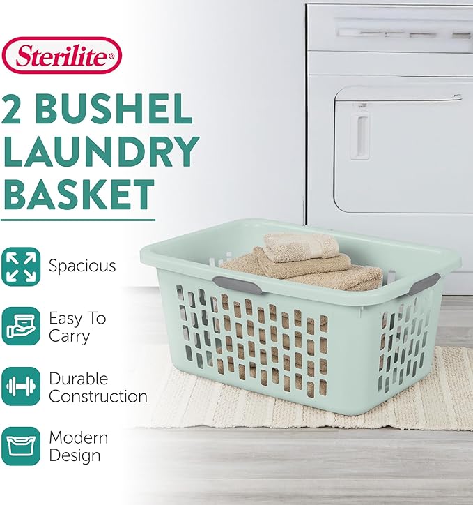 Sterilite Laundry Basket, Plastic Clothes Hamper, Large Rectangle Bin with Comfort Grip Handles and Reinforced Rim, 2 Bushel Capacity, Mint, 12 Pack