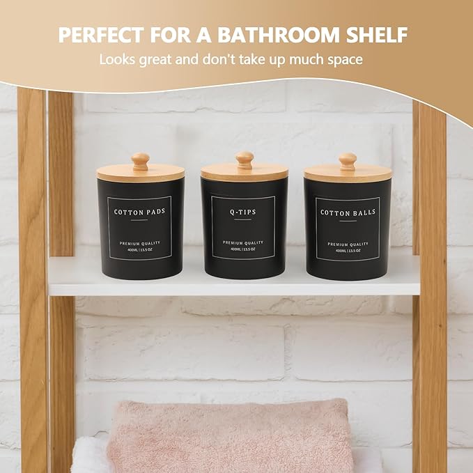3 Pack Qtip Holder - Bathroom Organizers and Storage, Cotton Round Pad Dispenser Floss Pick Holder with Tray, Glass Apothecary Jars with Lids, Cotton Ball Container - Black