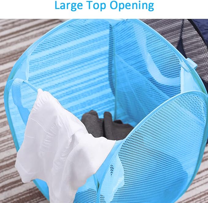 Larpur Pop up Laundry Hamper, Collapsible Laundry Basket, Portable Mesh Clothes Hamper for Home Room, College Dorm, Apartment, Foldable Hamper with Carry Handles, Sky Blue
