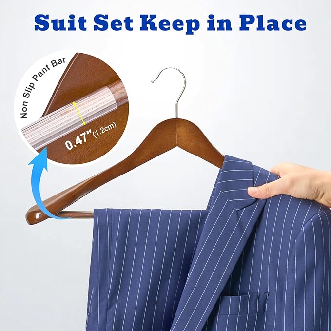 HOUSE DAY Wide Shoulder Wooden Hangers, Suit Hangers with Non Slip Pants Bar, Smooth Finish 360° Swivel Hook Solid Wood Coat Hangers for Dress, Jacket, Pants, Heavy Clothes Hangers 6 Pack (Walnut)