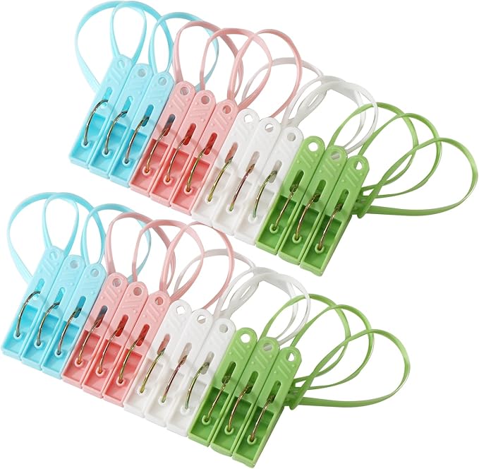 24 Pack Plastic Clothes Pins Heavy Duty Outdoor for Hanging Clothes,Mini ClothesPins with Hanging Rope,Hangers with Clips, Bag Clips,Photo Clips Craft Clips