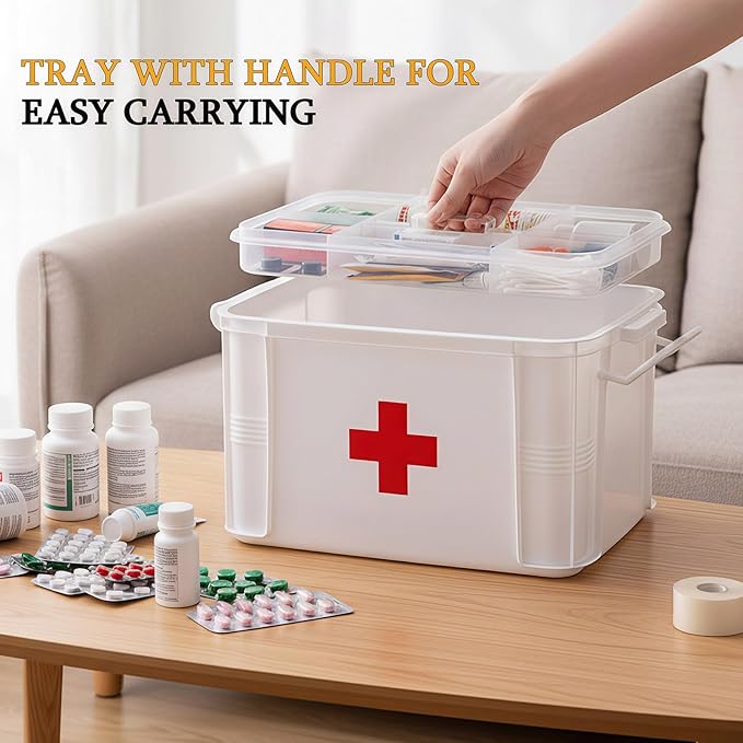15QT Clear Medicine Organizer Box with Handle, Plastic Medicine Container with Tray First Aid Box Empty, Thickened Medicine Storage Organizer Multipurpose Medication Organizer Storage, White