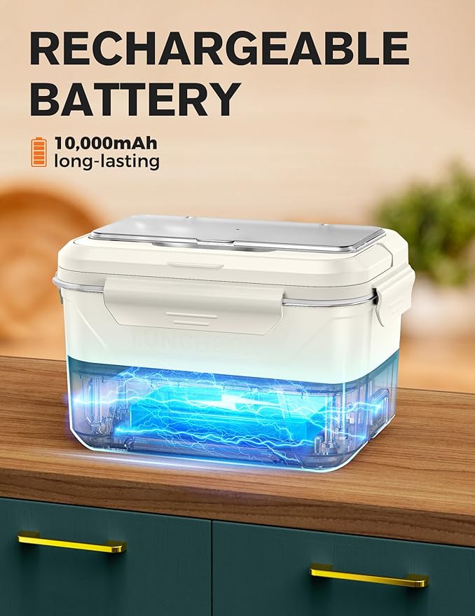 EAST OAK Cordless Electric Lunch Box for Adults, Heated Lunch Box Battery Powered with Automatic Heating, 5.5 Cups Portable Food Warmer with Removable Tray Divider