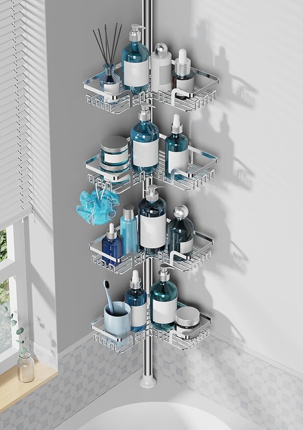 ZUNTO Shower Caddy Corner for Bathroom, Tension Pole, Adjustable 25in-114in Floor to Ceiling, Standing Shower Tension Rod Organizer, 4 Tier Bathroom Storage Shelves, Silver