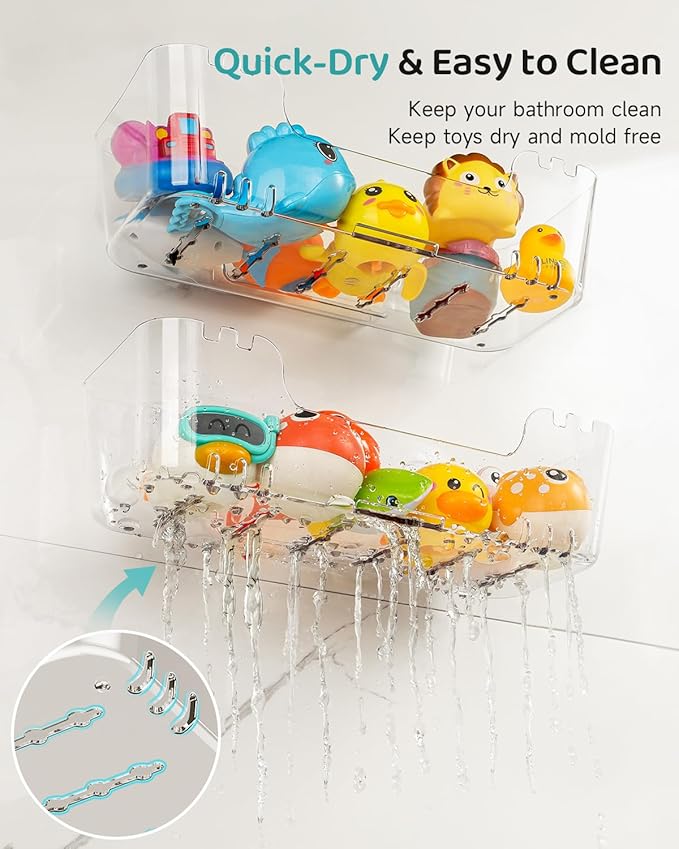 Bath Toy Storage Organizer 4 Pack, Transparent Bath Toy Holder with Drain Holes, Durable Plastic Bathtub Toy Storage for Bathroom, Quick-Dry Drainable Shower Caddy, Easy to Clean (Plastic 4 Pack)