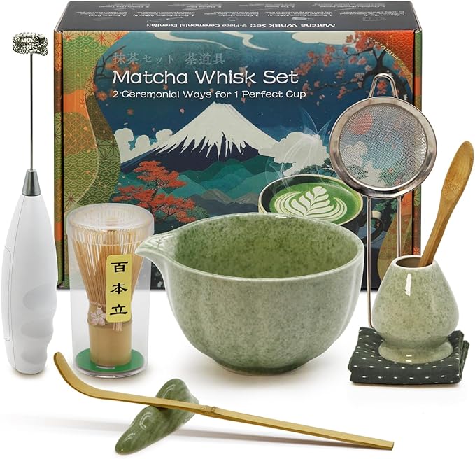 Matcha Whisk Set Incl. Ceramic Bowl With Spout, Whisk (Chasen), Stand, Bamboo Scoop, Sifter, Electric Frother, Tea Towel etc. 9 Pcs Matcha Making Starter Kit, Mottled Black