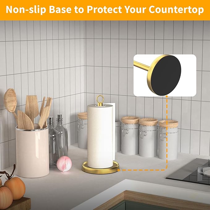 Gold Paper Towel Holder Countertop, Gold Kitchen Accessories Decor, Stainless Steel, Weighted Base, Paper Towel Stand for Bathroom Farmhouse Essentials