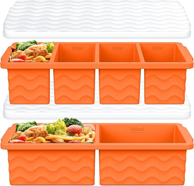 Silicone Freezer Trays with Lid for Soup, 1-Cup & 2-Cup Large Ice Cube Molds Food Storage Containers for Meal Prep, Freeze 500mL/250mL/125mL Portions – 2 Pack