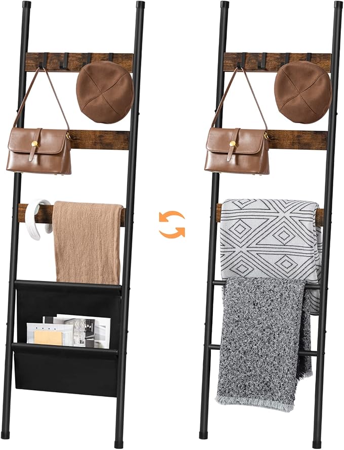 HOOBRO Blanket Ladder, 5 Tier Towel Rack, 17.3" L x 63" H, Wall-Leaning Blanket Rack for Living Room, Decorative Ladder with 4 Hooks and Magazine Pocket, Rustic Brown BF32CJ01