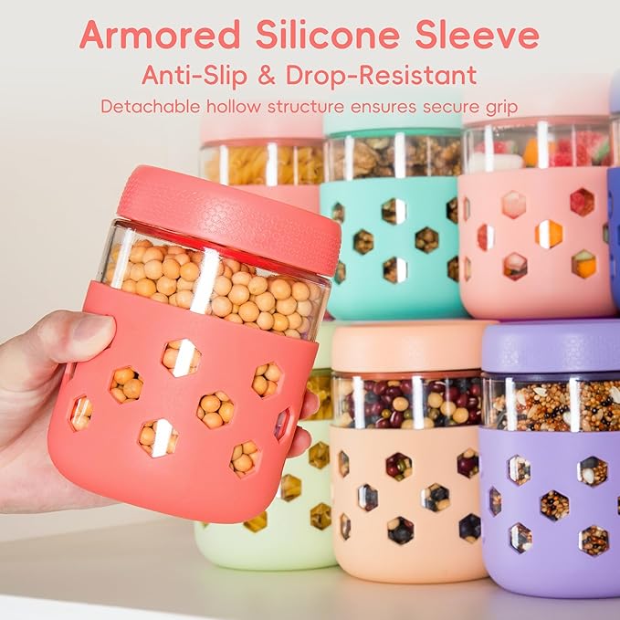 Gemice 6-Pack 16 oz Overnight Oats Containers with Lids and Silicone Sleeves, Glass Mason Jars with Airtight Lid, Dishwasher Safe, Wide Mouth Chia Seed Pudding Meal Prep Jar for Yogurt Berries Snack