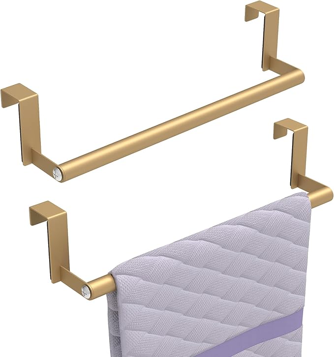 Over The Door Towel Rack, Kitchen Towel Holder Over Cabinet Door Towel Bar Stainless Steel for Cupboard for Kitchen Dish Towel Holder Hanger, 2 Pack (Gold)