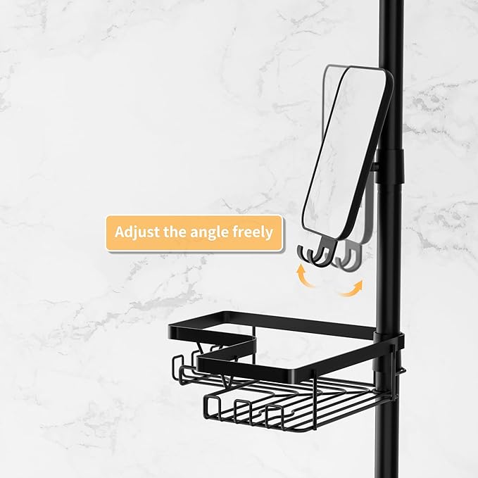 Shower Caddy Tension Pole with Anti-Fog Shaving Mirror, Tension Rod Shower Caddy Corner for Bathroom Organizer, Black