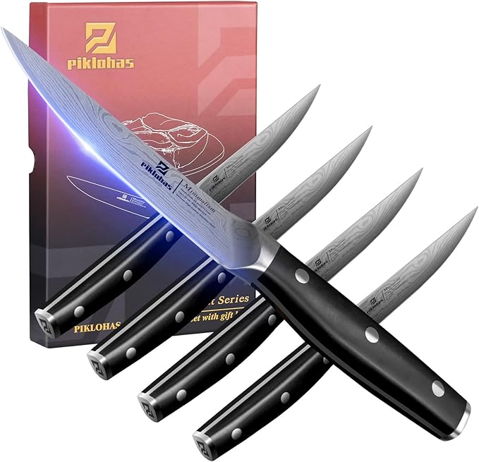 Piklohas Steak Knives Set of 8, 4.6 Inch Non Serrated Dinner Knife, Forged German Steel Damascus Pattern Straight Edge Meat Knife with Full Tang Handle, Dishwasher Safe, Ideal for Gift