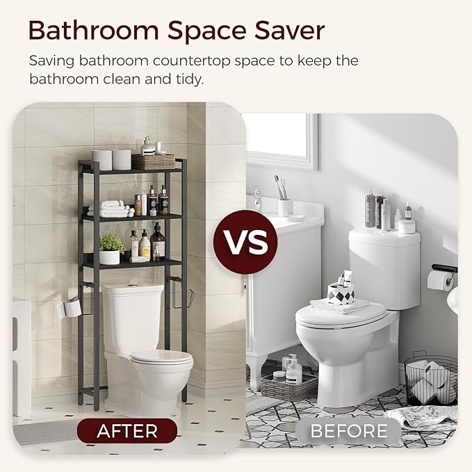 Over The Toilet Storage Rack, 3 Tier Bathroom Organizer Over Toilet, Freestanding Space Saver Toilet Stand with 2 Hooks, Bathroom Storage Shelf, Easy to Assemble, Black TSBK6001