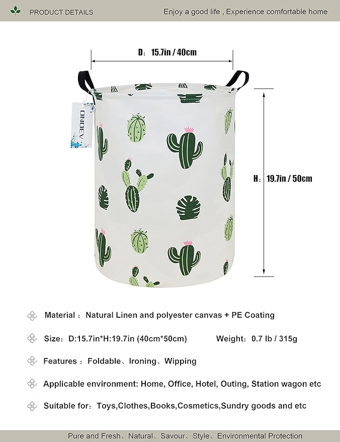 Round Fabric Storage Bin,Decorative Basket,Organizer Basket with Handles,for Clothes Storage,books and sundries (Green Cactus), 19.7inch(H) x 15.7inch(D)