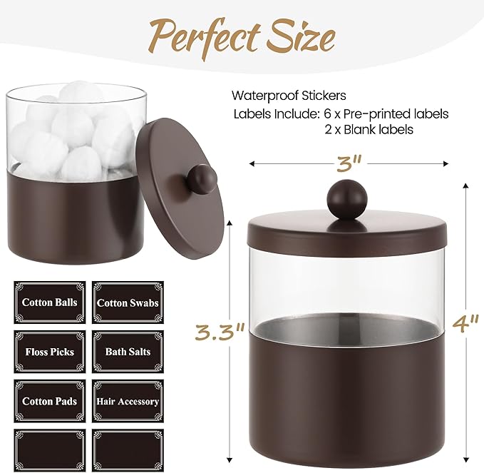 Gaussra Chocolate Brown Qtip Holder, Bathroom Jar - Stainless Steel Apothecary Jars with Stickers - Farmhouse Decor Qtip Dispenser for Qtips, Cotton Balls, Swabs, Makeup Sponges (2-Pack)