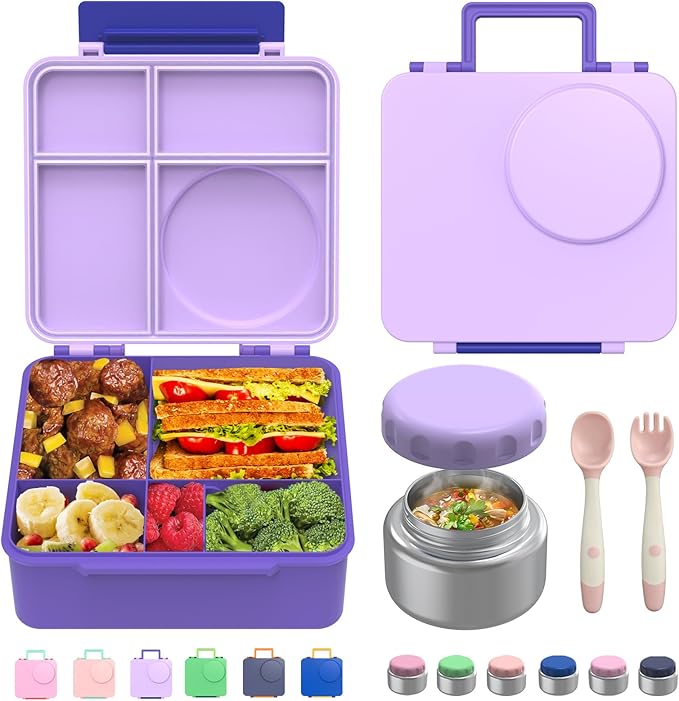 JoyYum Bento Box for Kids - Leak-Proof Bento Lunch Box with Insulated Thermo Food Jar - 4 Compartments, 1 Removable Divider, 1 Spoon, 1 Fork - Dishwasher Safe, BPA-Free (Light pink)