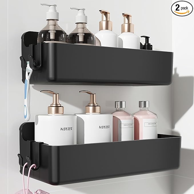 Nieifi Adhesive Wall Shelf, Shower Sheves 2 Pack, Shower Organizer for Bathroom Organization (Black)