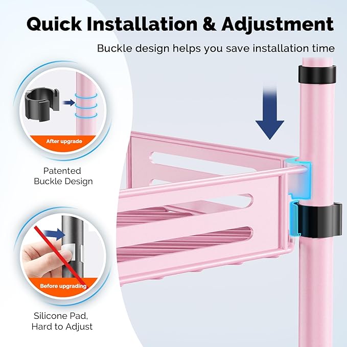 HAMITOR Corner Shower Caddy Tension Pole: Quick Installation 4-Tier Rustproof Bathroom Organizer Shelves for Bathtub Shampoo Storage - 47-121 inch Adjustable Floor Standing Bath Rack Holder - Pink