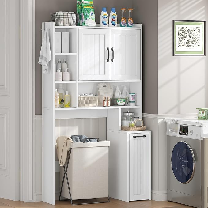 Over The Toilet Storage Cabinet with Pulley Small Bathroom Storage Cabinet, Space Saver W/Adjustable Shelf & Open Shelf for Bathroom, Restroom, Laundry (White-Type A)