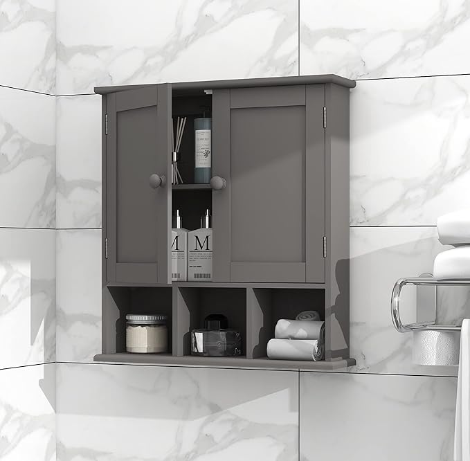 TaoHFE Grey Bathroom Cabinet,Bathroom Wall Cabinet with 2 Door Adjustable Shelves,Over The Toilet Storage Cabinet,Bathroom Cabinet Wall Mounted,Medicine Cabinets for Laundry Room Kitchen