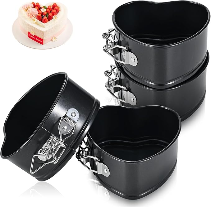ECCOGREAT 4 Pack Non-Stick Cheesecake Pan Springform Cake Pan Set, 4" Leakproof Moule a Gateau Heart Cake Pan, Removable Bottom Quick Release Latch Moulds for Birthday Cake