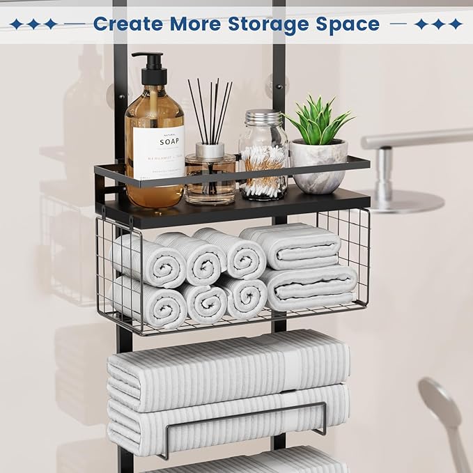 Towel Racks for Bathroom Over The Door Towel Racks Towel Storage Organizer with Metal Shelf Basket for Bathroom Rv Camper (9-Tier Black)