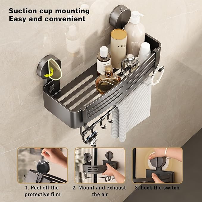 VOLPONE Shower Caddy Suction Cup No Drilling Suction Cup Shower Shelf Aluminum Bathroom Shower Organizer Storage Rack Adhesive with Towel Bar Hooks (2-Pack, Matte Gray)