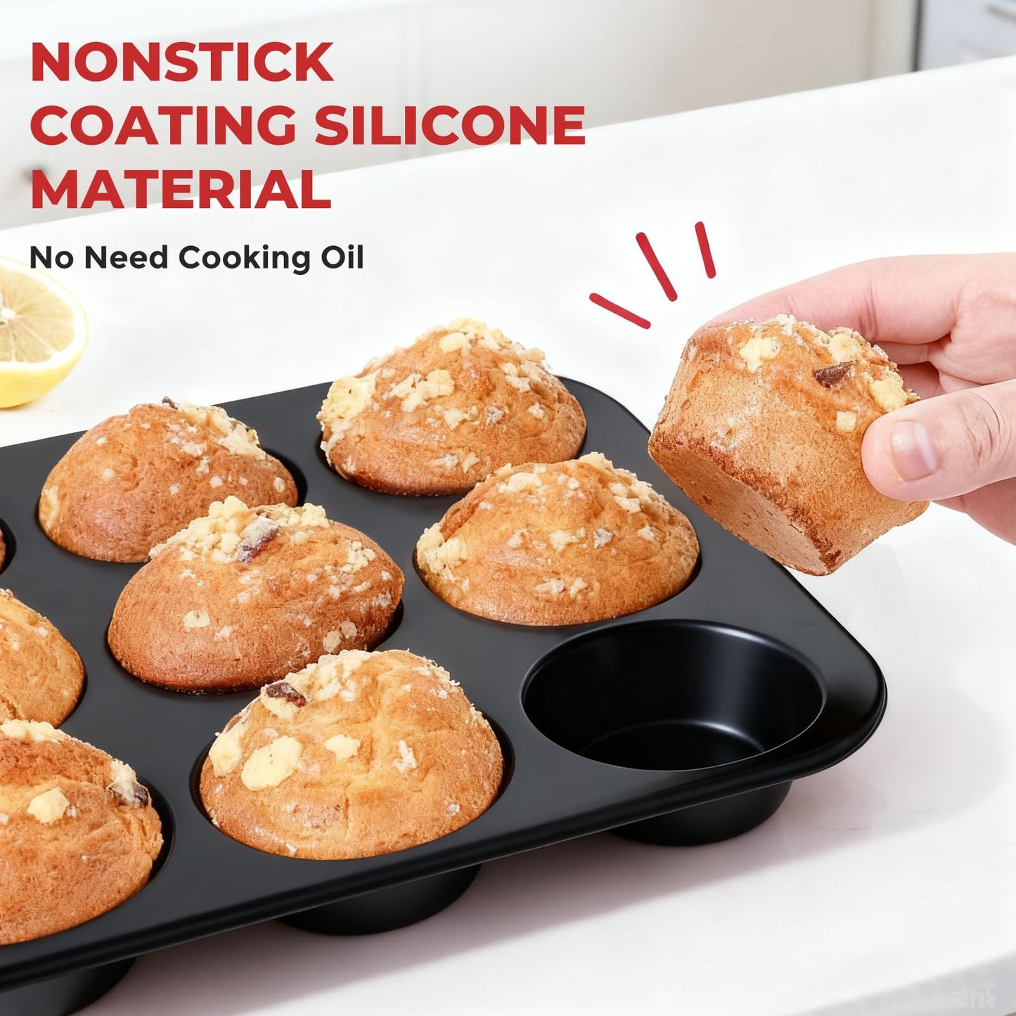 Samuelworld Silicone Muffin Pan for Baking: 24 Cup Muffin Pan with Metal Reinforced Frame, Regular Size Cupcake Egg Bites Molds for Baking, BPA Free Silicone Muffin Tray, 2 Pack, Red (With Scooper)