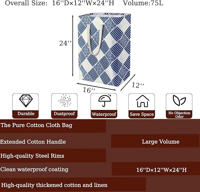 Waterproof Laundry Hamper 75L Collapsible Laundry Basket Extended Cotton Handle Laundry Bag Large Clothes Storage Toy Organization for Bathroom Bedroom Laundryroom College Dorms