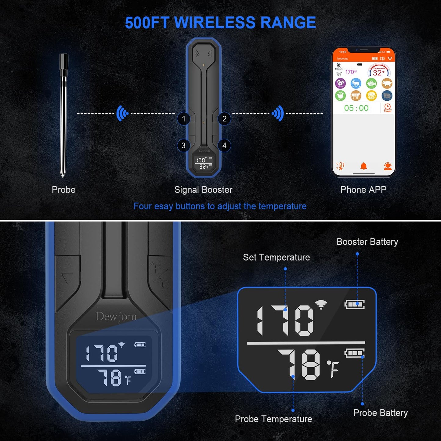 Wireless Meat Probe Thermometer with APP Control for BBQ Grill Smoker Oven