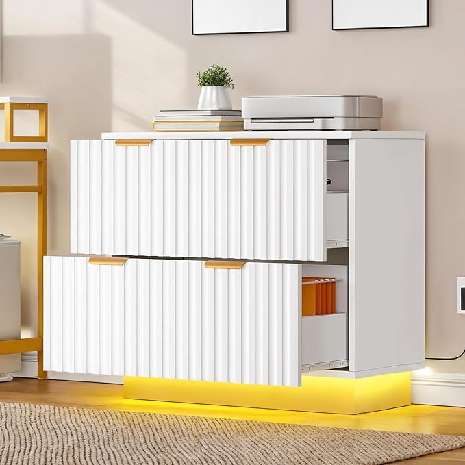 YITAHOME 2 Drawer File Cabinet with Led Light, Modern Filing Cabinet, Large Lateral File Cabinet for Home Office, White
