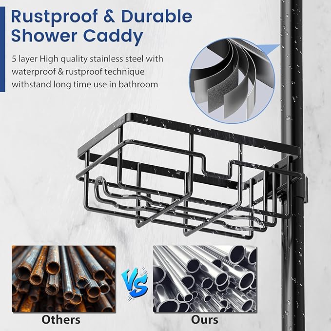 Corner Shower Caddy Organizer Tension Pole, Adjustable 6 Shower Shelves Corner Shelf 30-120Inch Rustproof Shower Rack for Inside Shower, Extra Towel Bar Soap Dish Bathroom Organizers and Storage Black