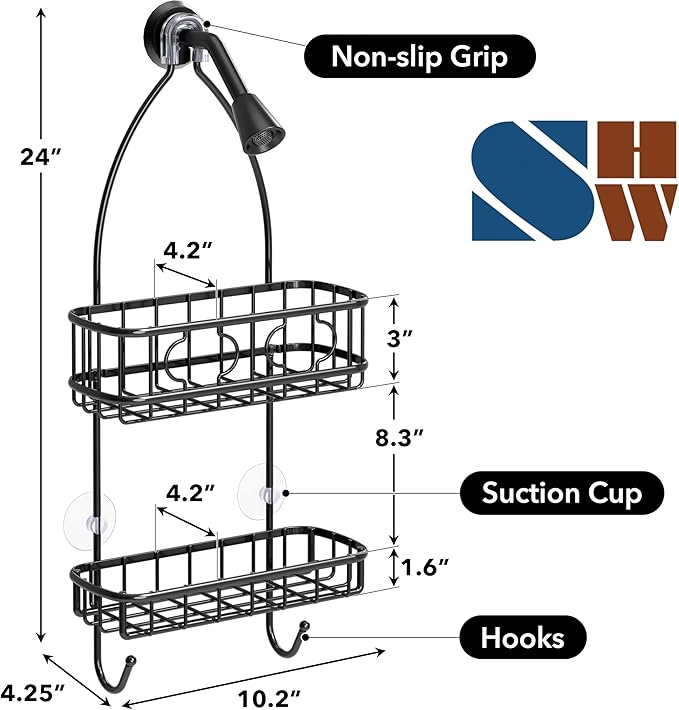 Simple Houseware Bathroom Hanging Shower Head Caddy Organizer, Black (24 x 10.2 x 4.2 inches)