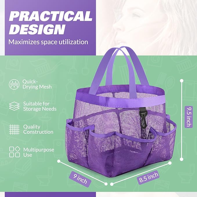 Mesh Shower Caddy Portable for College Dorm Room Essentials with 8 Pockets, Shower Bag for Beach, Swimming, Gym, Travel, Bathroom(All purple)