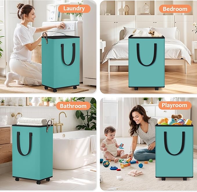 Laundry Basket with Wheels, Collapsible Laundry Baskets, Laundry Hamper with Handles Detachable Wheels, Rolling Laundry Basket, Dirty Clothes Hamper for Bathroom, Dorm, Bedroom, Green, 80L