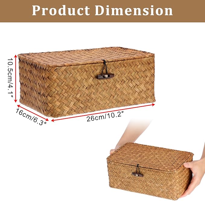 Sumnacon Wicker Basket with Lid Rectangle Woven Baskets for Toiletries Tampon Storage,Wicker Storage Basket with Lid,Decorative Seagrass Storage Baskets for Shelf Bathroom Toilet Table, Caramel