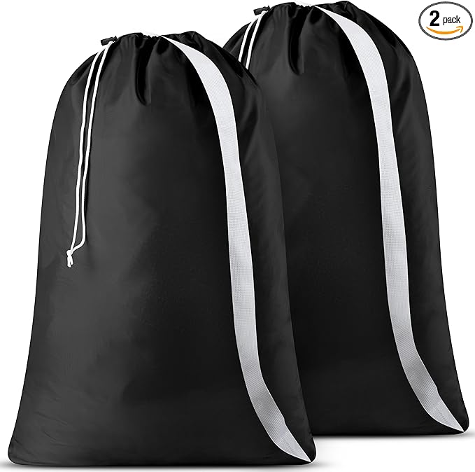 Handy Laundry Bag Shoulder Strap Extra Large - 2-Pack Drawstring Locking Closure, Durable Material, Heavy Duty Stitching, Hands Free Carrying - Perfect College Dorm (Black, 30" x 40")