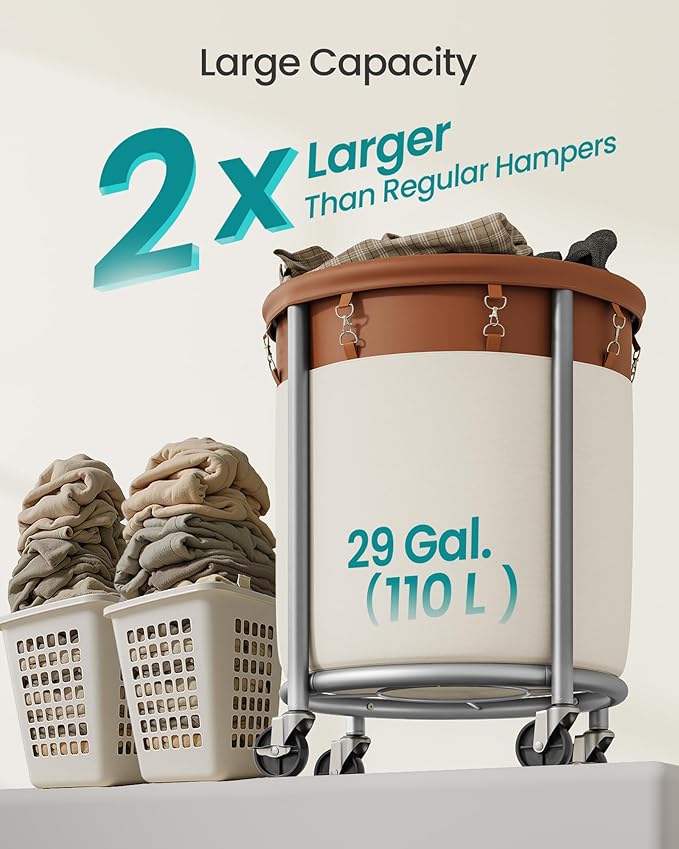 SONGMICS 29-Gallon (110 L) Laundry Basket with Wheels, Rolling Round Heavy-Duty Laundry Hamper Cart with Steel Frame and Removable Bag, 2 Locking Wheels, Coffee Brown and Cream White URLS002KQ02