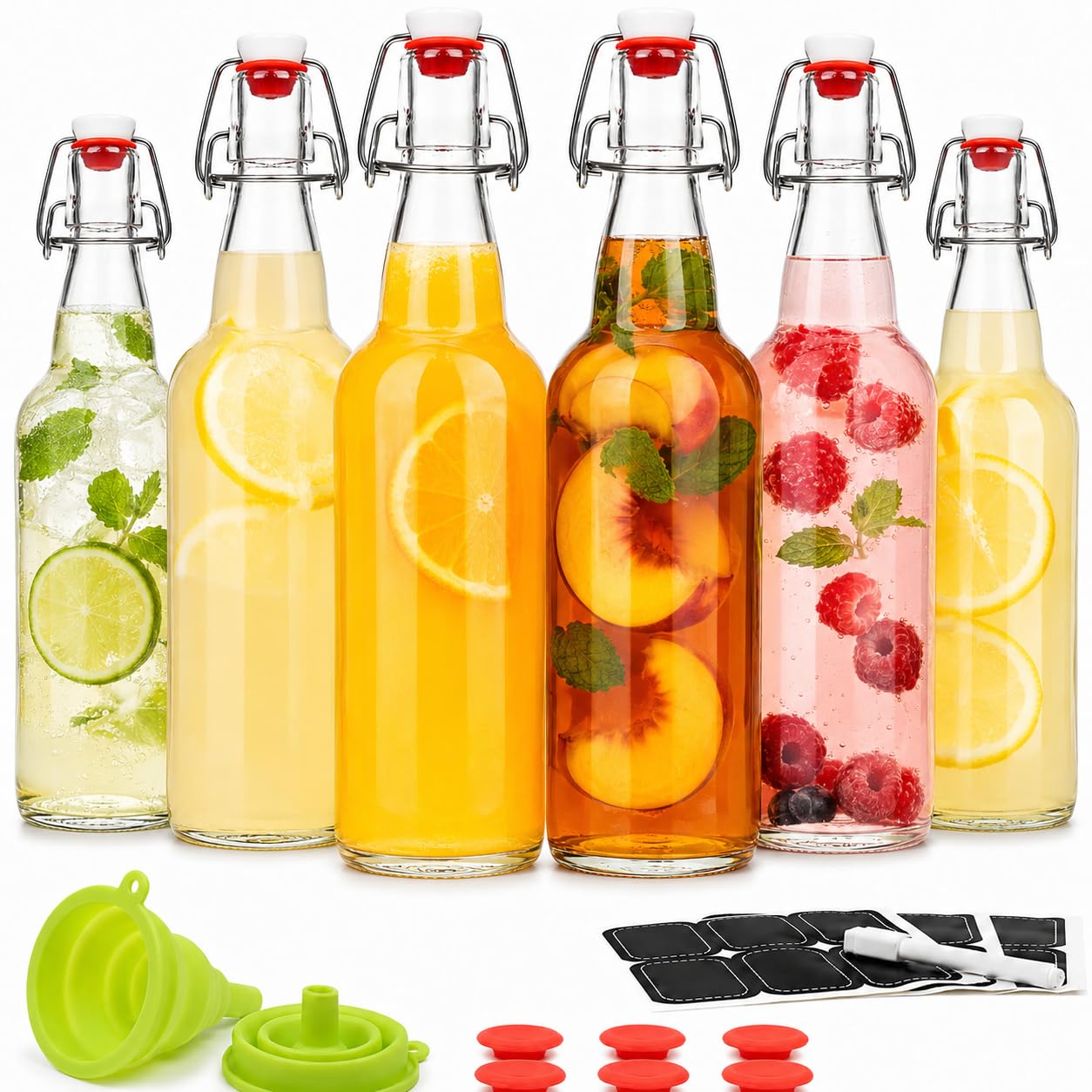 Vanilla Extract Bottles [8.5 oz, 6-Pack] – Flip Top Swing Top Glass Bottles for Homemade Extracts, Kombucha, Coquito, Juice – Airtight Leak-Proof Caps with Funnel, Extra Gaskets, Labels & Marker