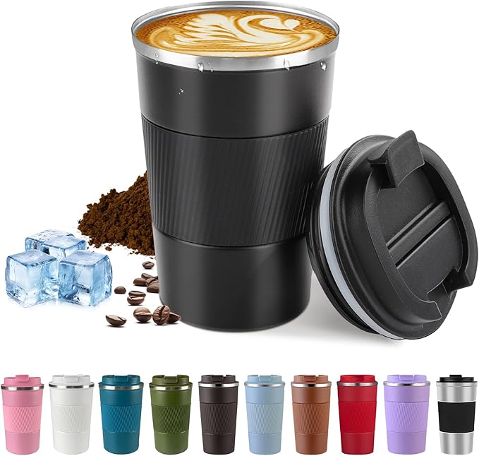 Vacuum-Insulated Stainless Steel Travel Coffee Mug, Leak-Proof Reusable Coffee Cup with Lid - Keep Hot & Cold Drinks for Hours, Durable Insulated Tumbler for Men & Women(3rd-Black, 12OZ)