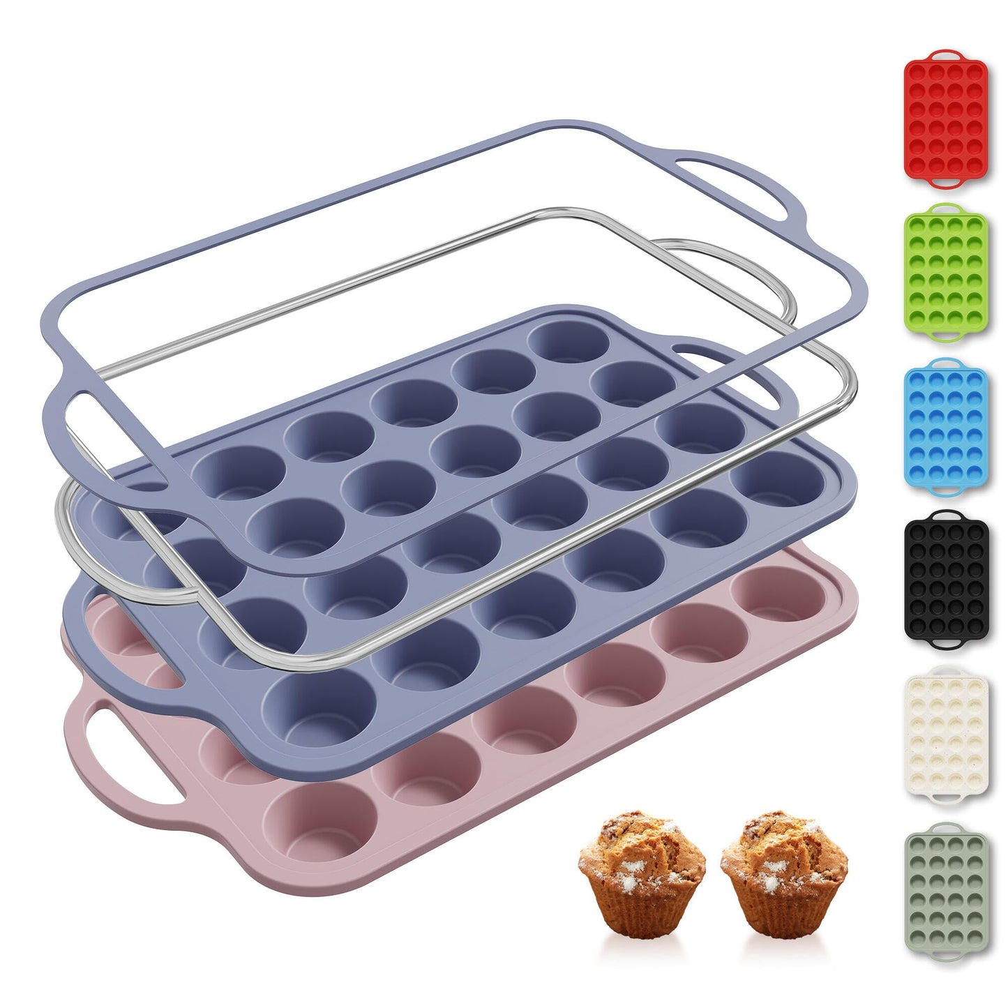 2 Packs 12 Cups Silicone Muffin Pan for Baking with Metal Reinforced Frame Regular Size Cupcake Pan Tray Chocolate Egg Pizza Bites Oven Top Cookie Molds Muffin Tin Tart Pans Sheet Set Bakeware Liner