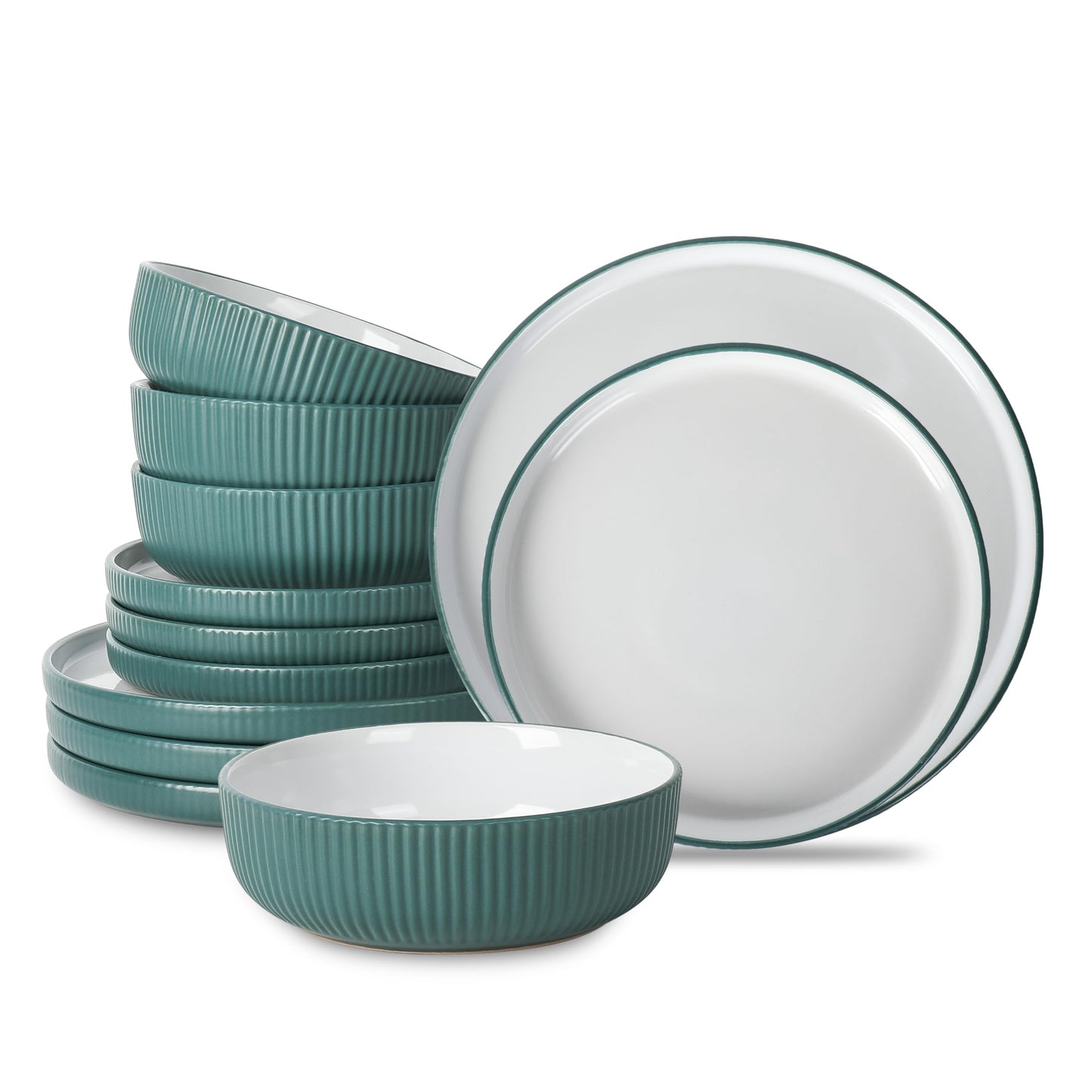 Christian Siriano Laro 12-Piece Stoneware Dinnerware Set, Plates and Bowls Set, Microwave and Dishwasher Safe, Dish Set for 4, Green