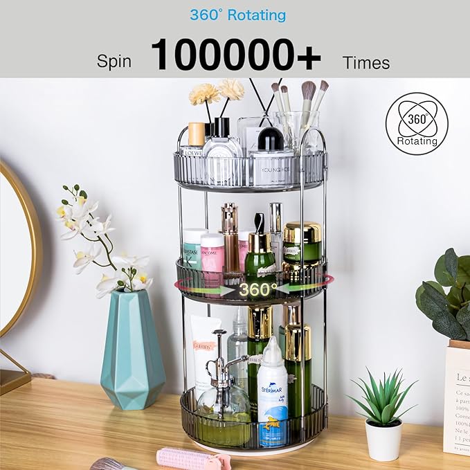 360 Rotating Makeup Organizer, 3 Tier Large Capacity Lazy Susan Bathroom Counter Organizer, Skincare Organizers, Spinning Perfume Organizer & Vanity Organizer Countertop (Classic Grey, 3 Tier)